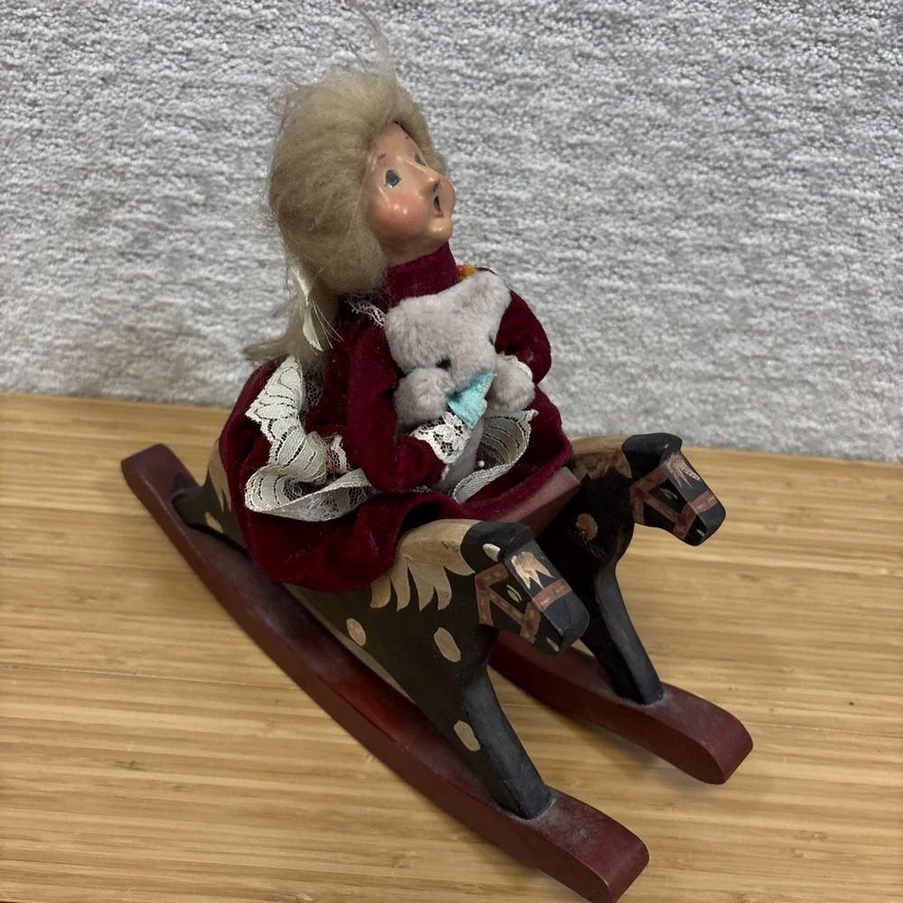 Byers Choice Christmas Carolers Girl On Rocking Horse W/ Teddy Bear Figurine VTG